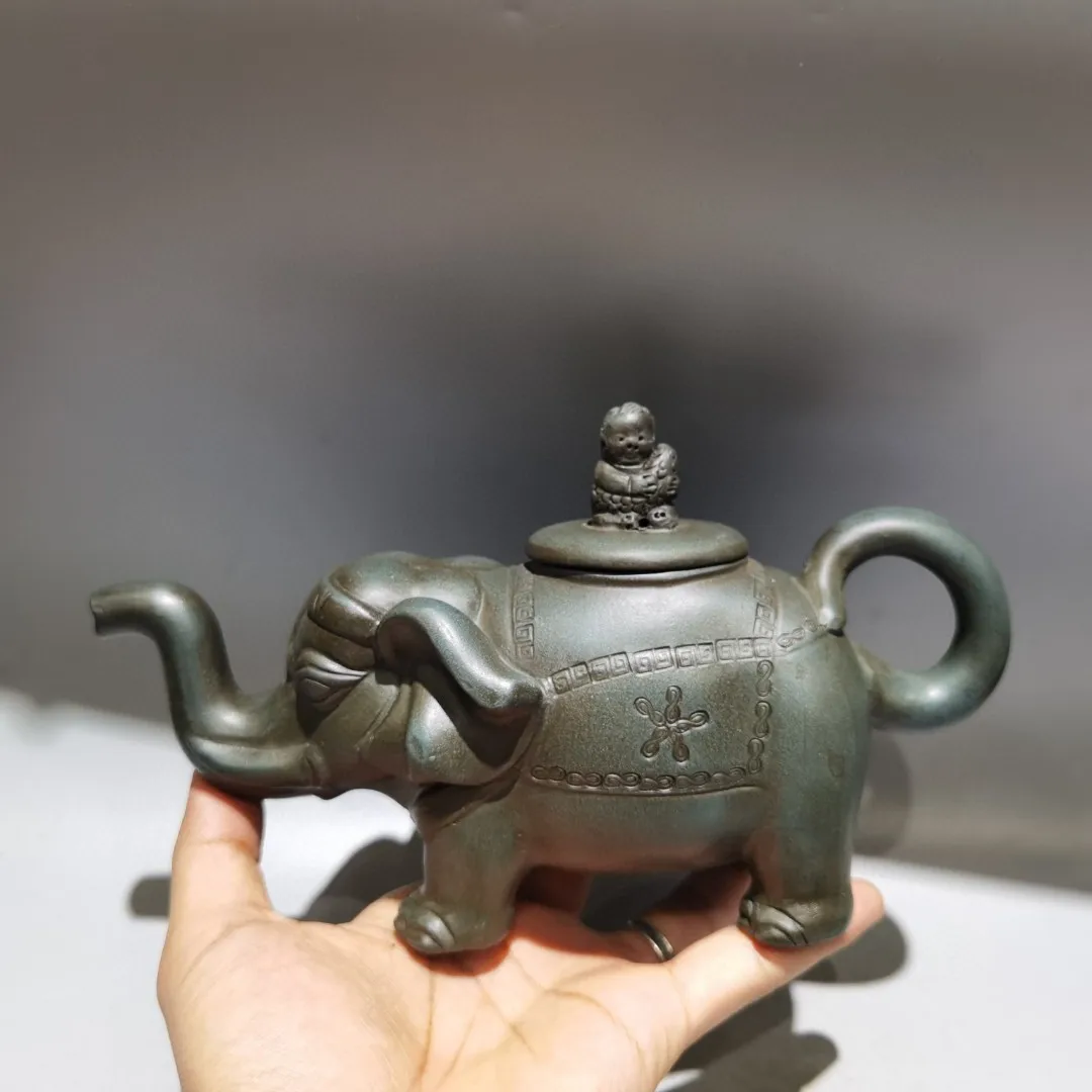 

9"Chinese Yixing Purple Clay Pot Auspicious Elephant Statue Pot Teapot Kettle Ornaments Gather fortune Town house