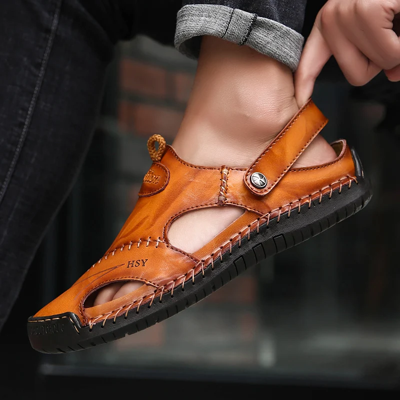 Classic Mens Sandals Summer Genuine Leather Male Beach Sandals Soft Comfortable Male Outdoor Beach Slippers Slip-ON Man Sandals