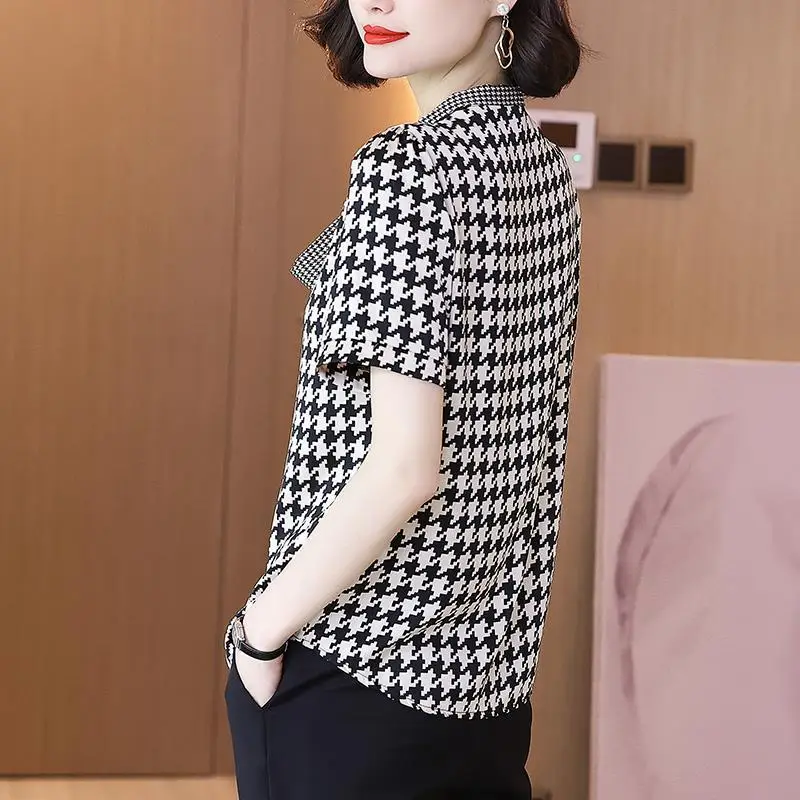 Women Houndstooth Print Lace Up Bow Elegant Blouse Summer Korean Style V Neck Short Sleeve Office Lady Casual Shirts Blusas Ropa