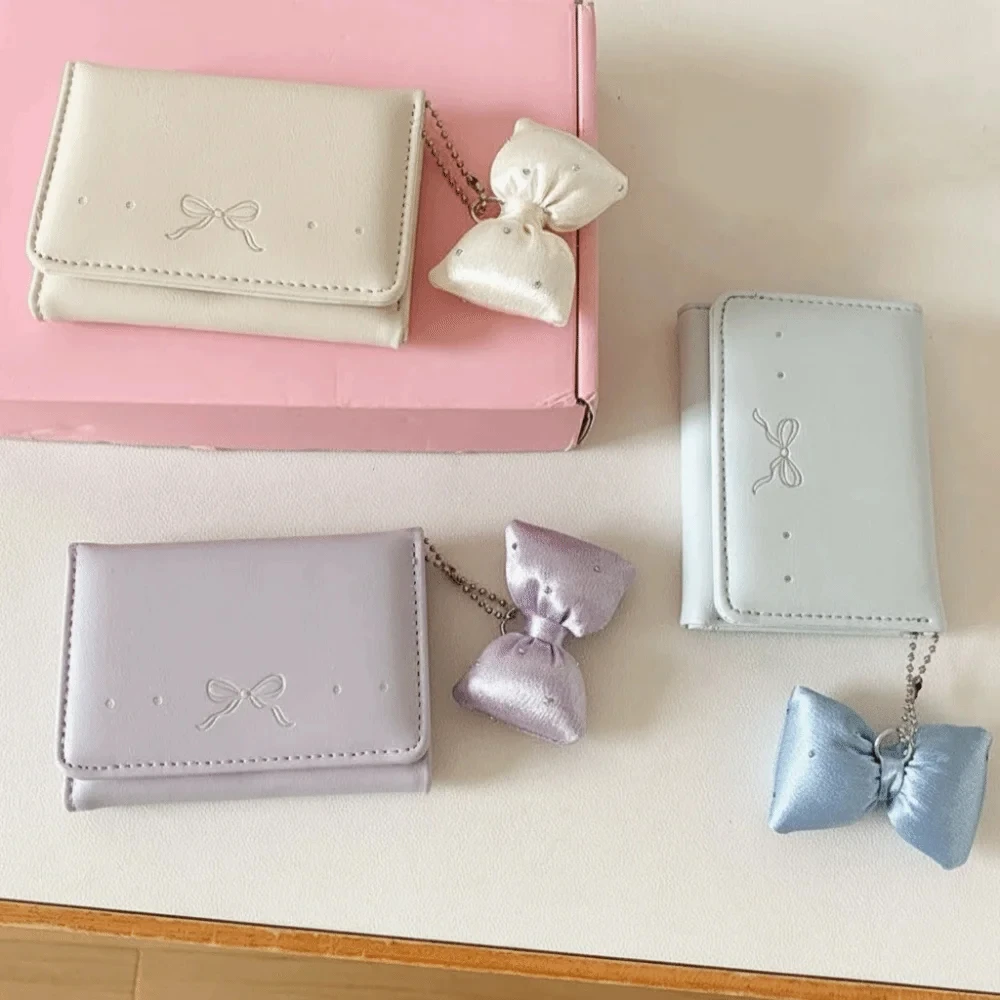 Cute Pendant Bow Wallet Korean Style Solid Color Short Wallet Multi-functional Foldable PU Leather Coin Purse School