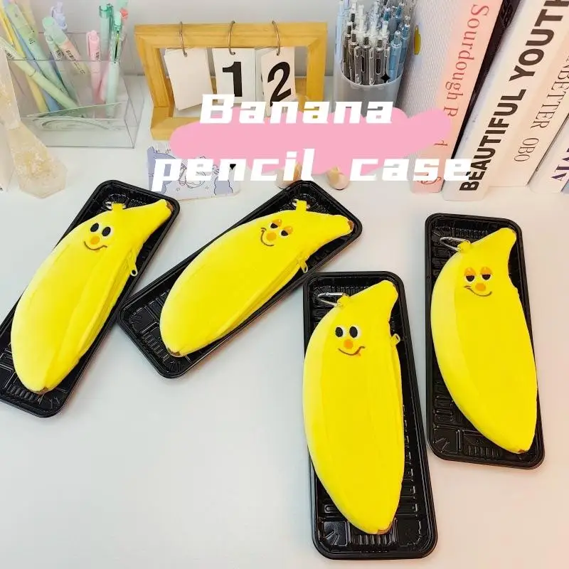 【B】Cute Plush Banana Pencil Case Kawaii Cartoon Banana Shaped Pouch With Keychain For Stationery Storage And Bag Decoration