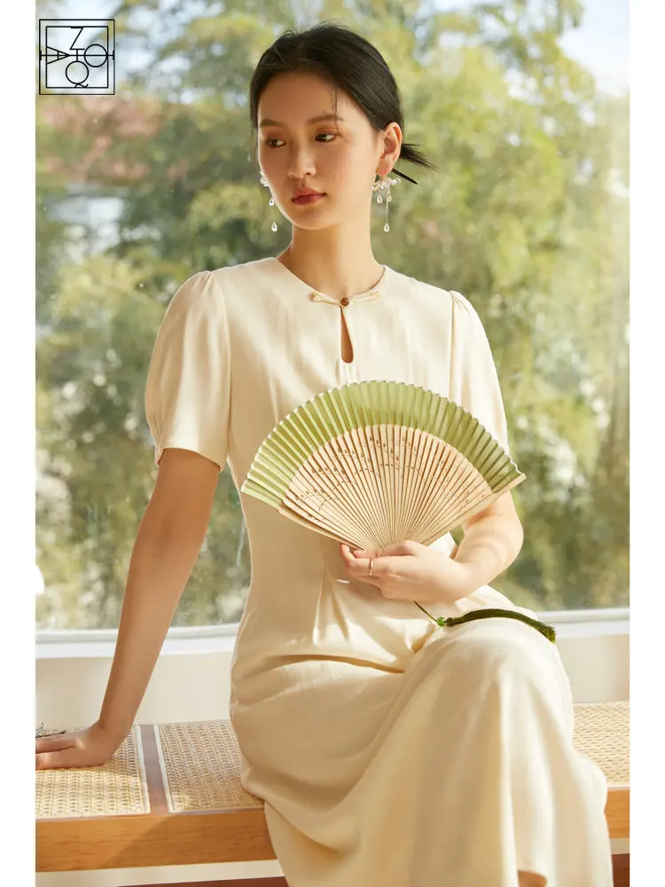 

ZIQIAO New Chinese Style National Sense Dress for Women Summer Newly Slimming Improved Cheongsam Temperament Long Skirt Female