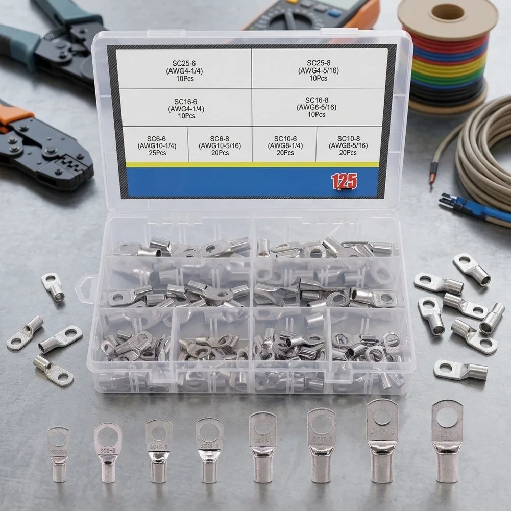 125pcs Tin Plated T2 Copper Wire Lugs Series for Vibration Resistant Crimping AWG4-AWG10 Industrial Applications