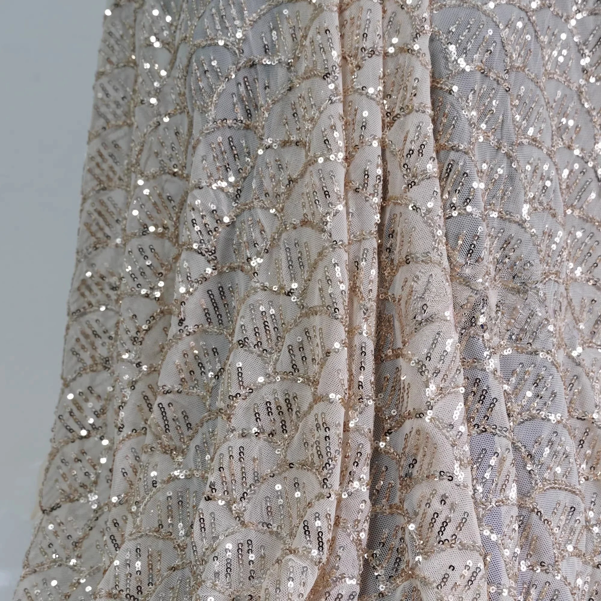 Champagne color 3mm fish scale glitter elastic fabric sewn wedding dress, children's clothing cheongsam designer fabric