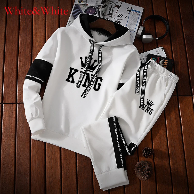 New Fashion King Print Men Hoodies Pants 2Pcs/Sets Sweatshirt Sweatpants Male Gyms Fitness Tops Trousers Joggers Sportswear