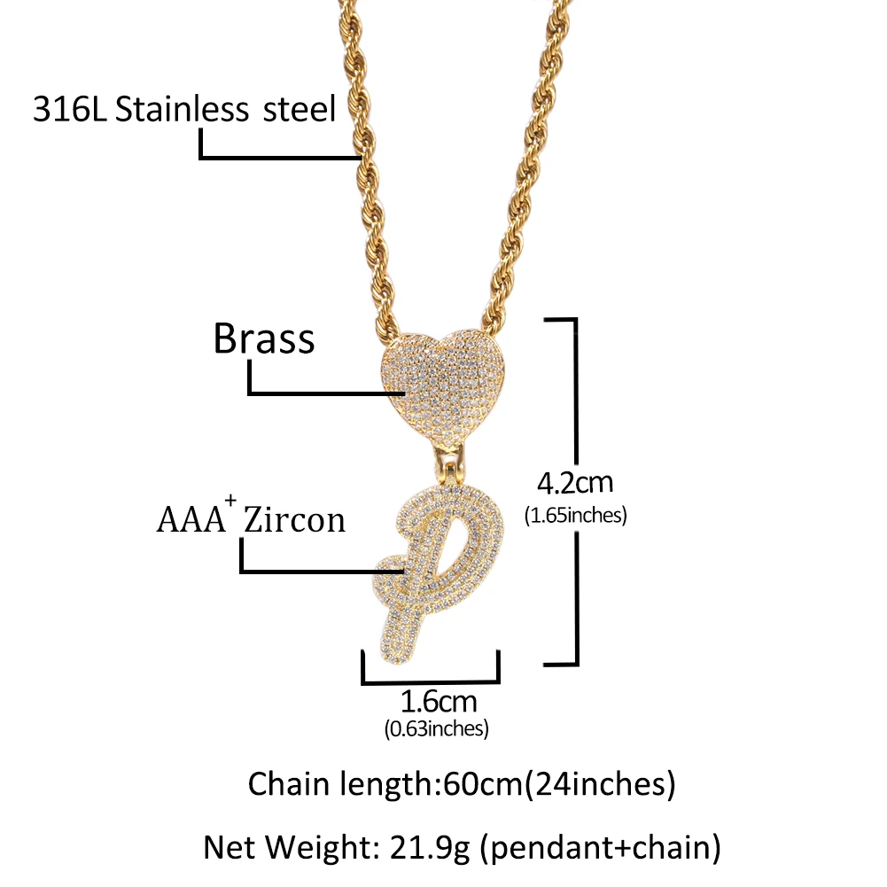 Uwin Intial Name Necklace Brush Letters With Heart Bail Brush Cubic Zirconia Jewelry Charm Hip Hop Drop Shipping 
