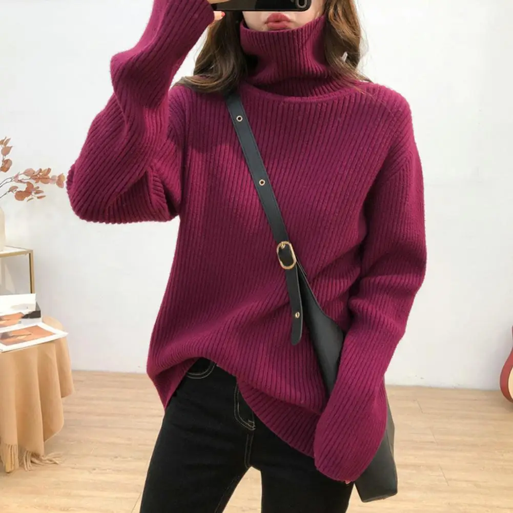 

Commuting Style Sweater Cozy Women's Turtleneck Sweaters Stylish Ribbed Knitwear for Autumn Winter Loose Fit Long Sleeve