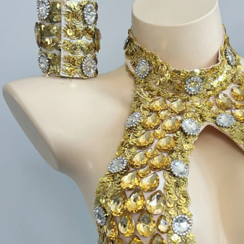 여성 섹시 고고 댄스 의상 속이 비치는 라인스톤 골드 바디수트 나이트클럽 바 댄스웨어 클럽 파티 쇼 레이브 의류 VDL4998