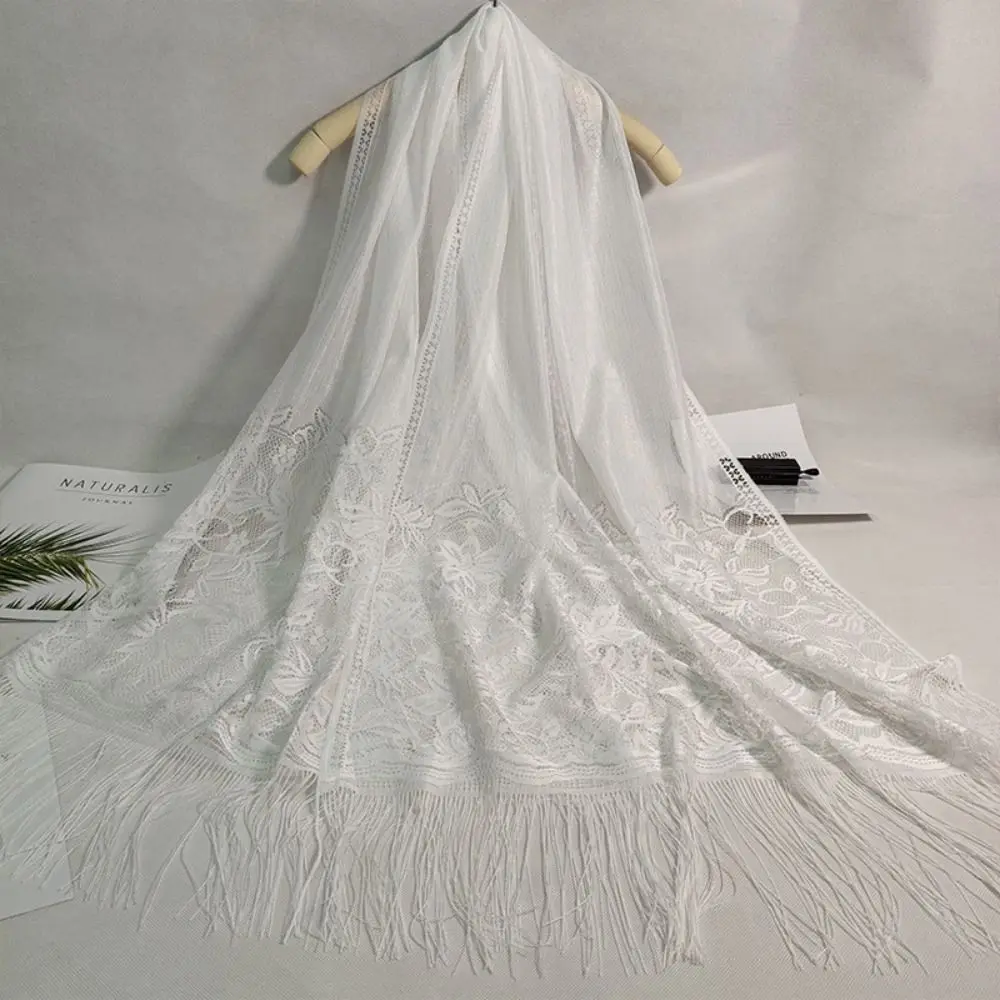 

Summer Long Silk Scarf Anti-UV Breathable Sheer Wrap Lace Pure Color Tassel Shawls Women