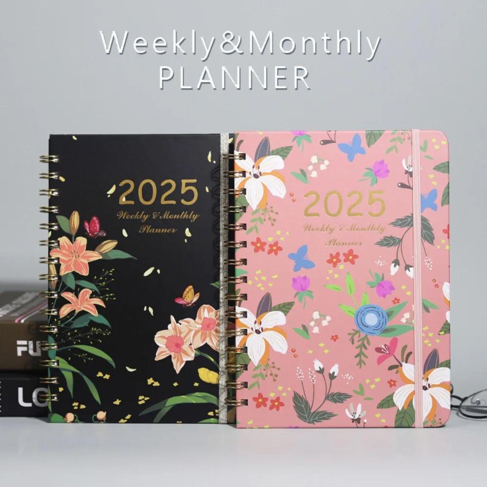 New Paper 2025 Planner Notebook Floral Print Time Management Agenda Book Portable A5 Daily Planner Notebook Home Office School