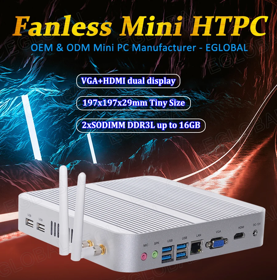 Eglobal Fanless Mini PC Intel i5 4200U i3 5005U 2DDR3L 256G SSD Wifi5 Win10  Win11 RJ45 LAN HDMI VGA 8USB 3.0 Free Shipping