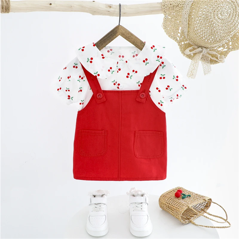 

Summer Baby Girls Clothing Sets Toddler Infant Cherry Short Sleeve Shirt Dress 2 Pieces Children Outfits Kids Vacation Clothes