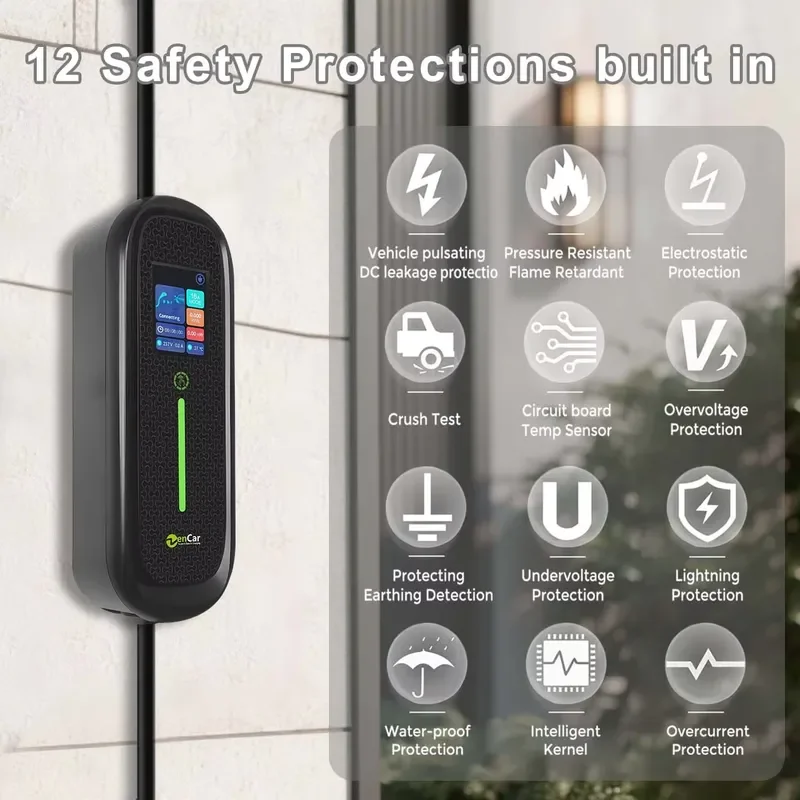 7kW 32A Type 2 Portable EV Charger Smart WiFi APP Adjustable for Electric Car with Blue CEE Plug Big Screen ZenCar