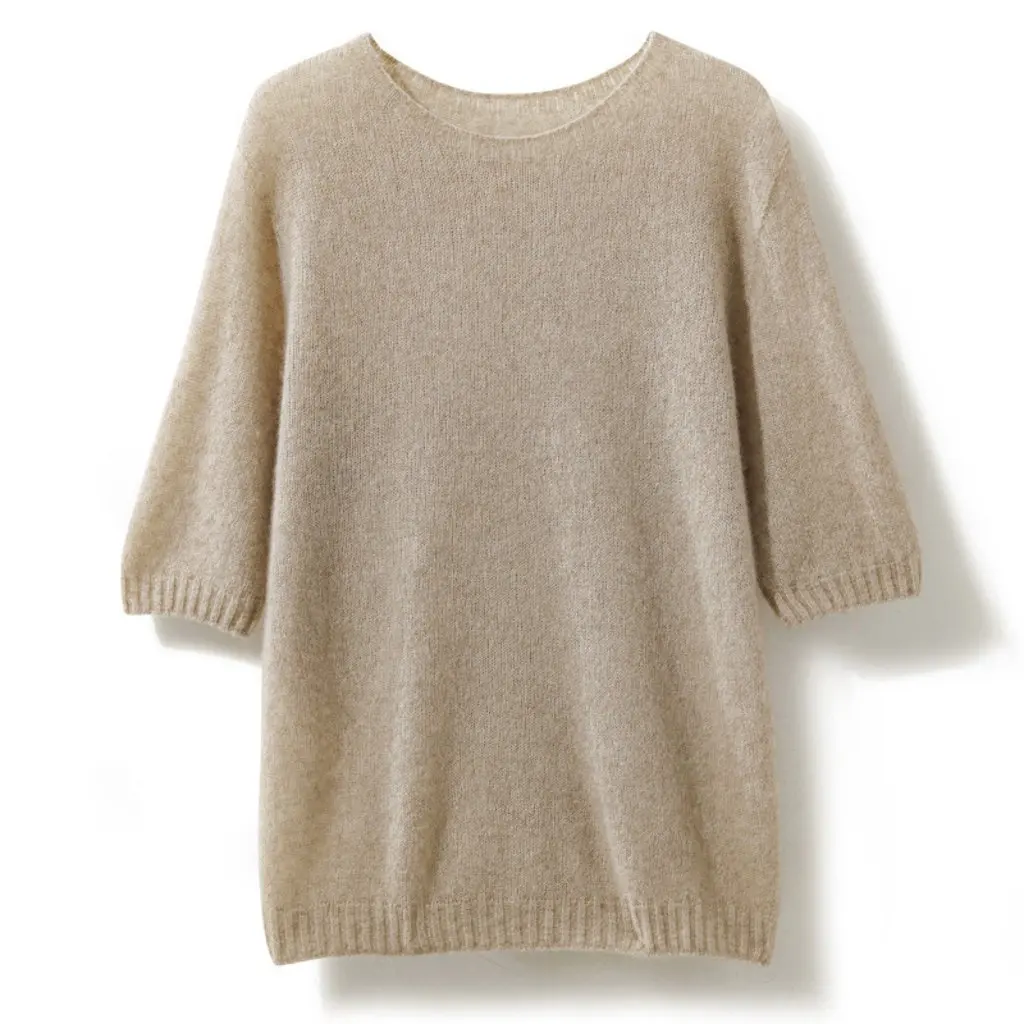 

Women's Cashmere Silk round Neck Short Sleeve Sweater Korean Style Soft Glutinous Spring Autumn Loose Bottoming Shirt