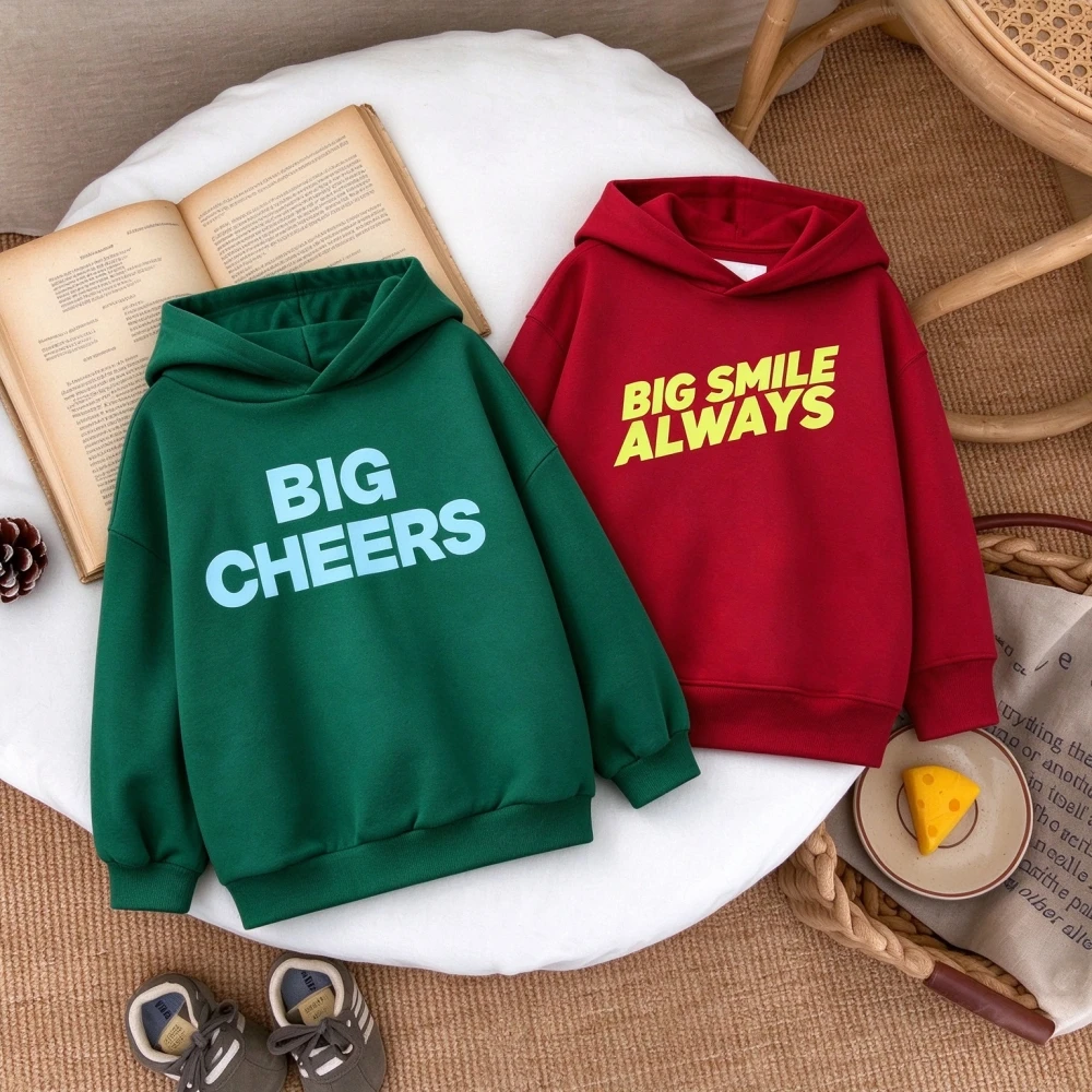2026 New Arrival Boys Girls Hooded Sweatshirt Autumn Winter Relaxed Fit Red Green Alphabet Print Casual Pullover Hoodie For Kids