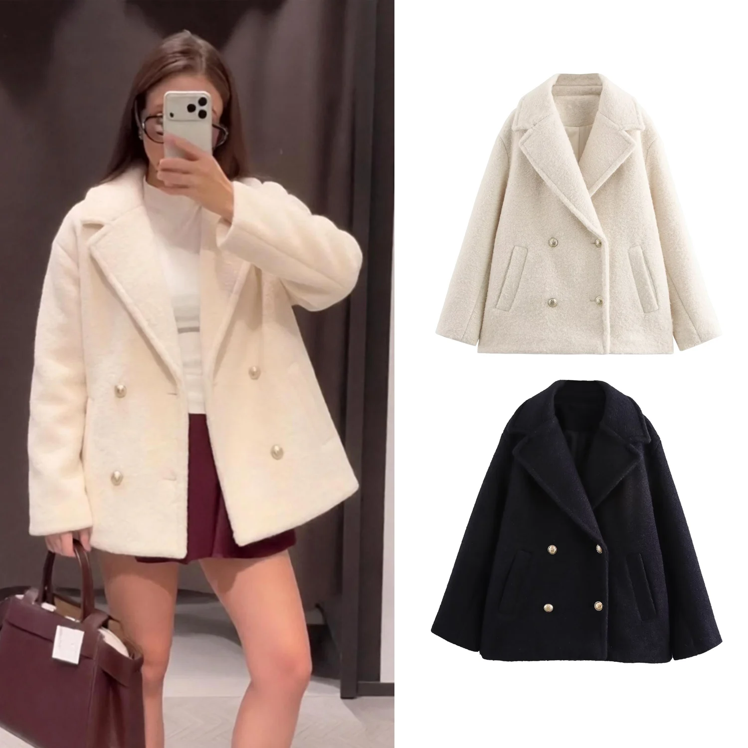 Women Black Pearl Velvet Casual Overcoat Autumn Winter Female Double Breasted Elegant Jackets Lady Daily Commute Loose Outwears
