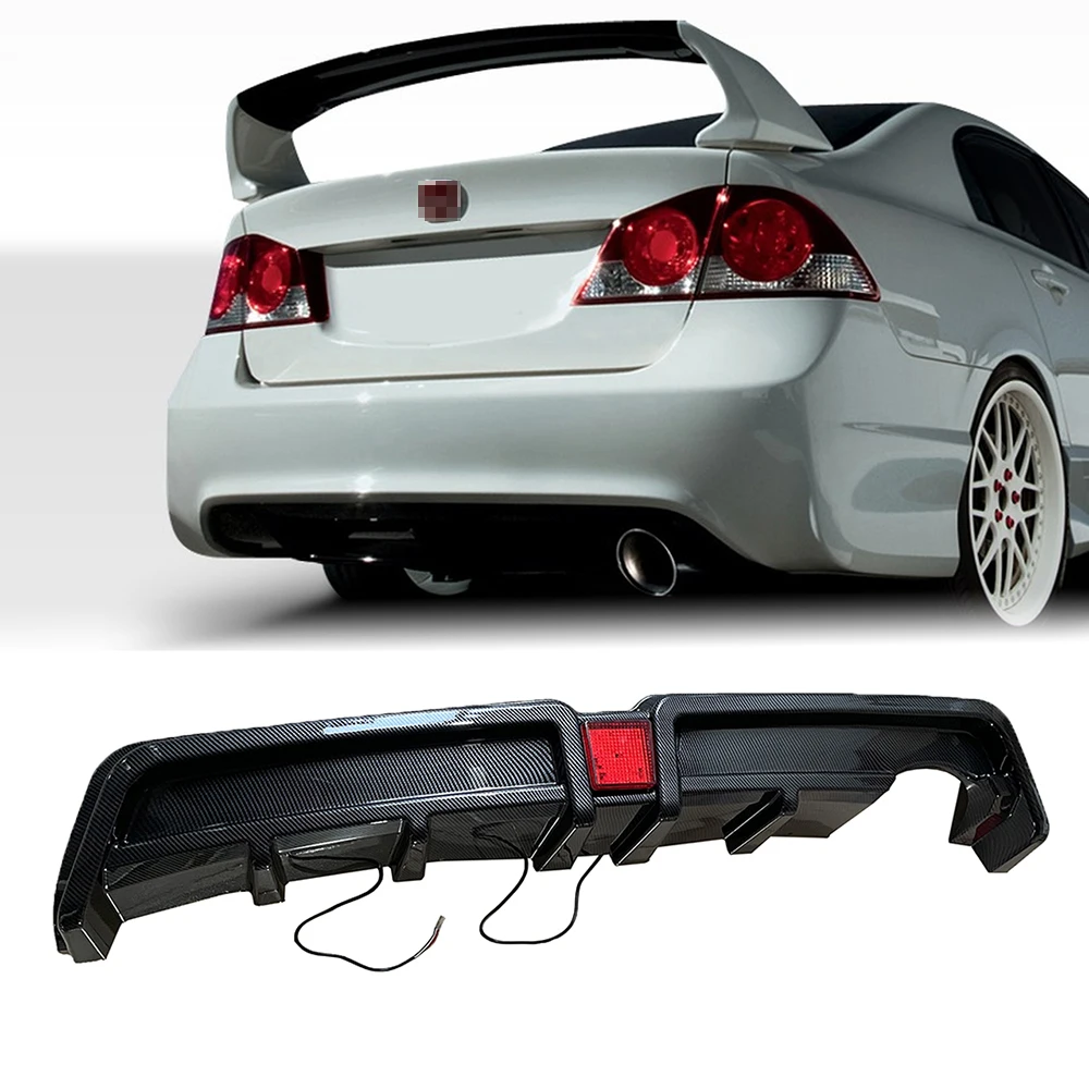 Rear Bumper Diffuser w/LED For 06-11 Honda Civic 4dr Mugen RR Carbon Fiber Style