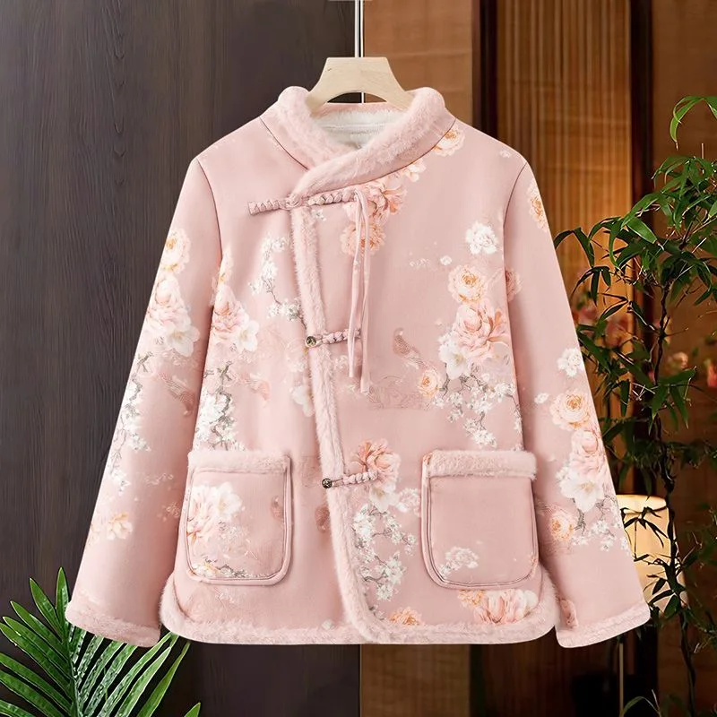 Vintage Floral Print Tang Suit Jacket Women Winter 2025 New Cotton-padded Clothes Warm Coat Ladies Quilted Cheongsam Tops Female