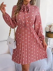 Vestido largo plisado de manga larga con lunares para mujer, vestido elegante con cordones, primavera y verano