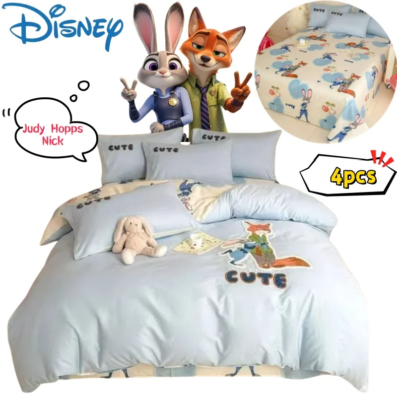 

New Disney Judy Hopps Nick Wilde Cotton Four-Piece Set Creative High Value DIY Embroidery Print Home Soft Skin-Friendly Bedding