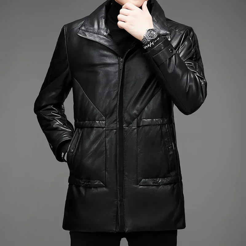 2024- New Men's Business British Style Solid Color Trend British Style Casual Fashion Lapel Sheepskin Jacket Leather Jacket