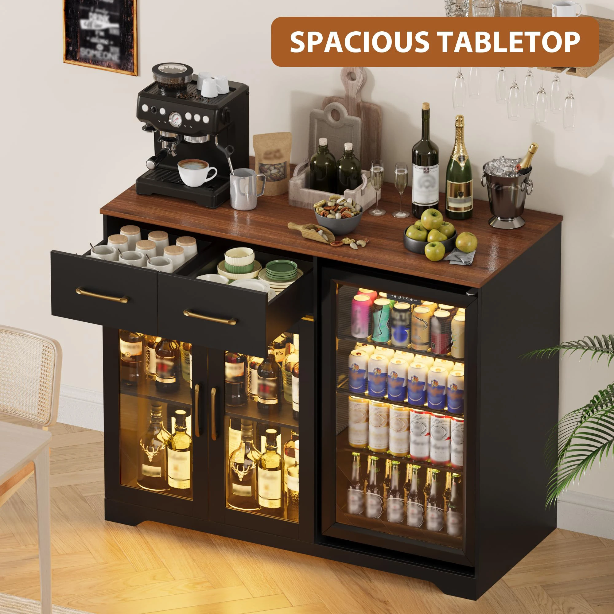 Coffee Bar Cabinet With Mini Fridge Space, LED Lights, Charging Station, Glass Door Storage Cabinet For Home Kitchen Bar Dining Room - view 7