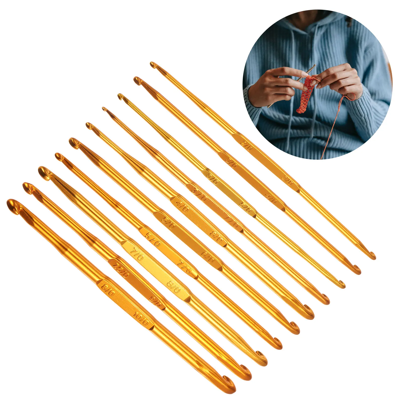Uxcell 10 Stück doppelseitige Häkelnadeln 2/0 bis 10/0 goldene Stricknadeln aus Aluminium zum Häkeln von Stich für DIY-Webart-Bastelgarn