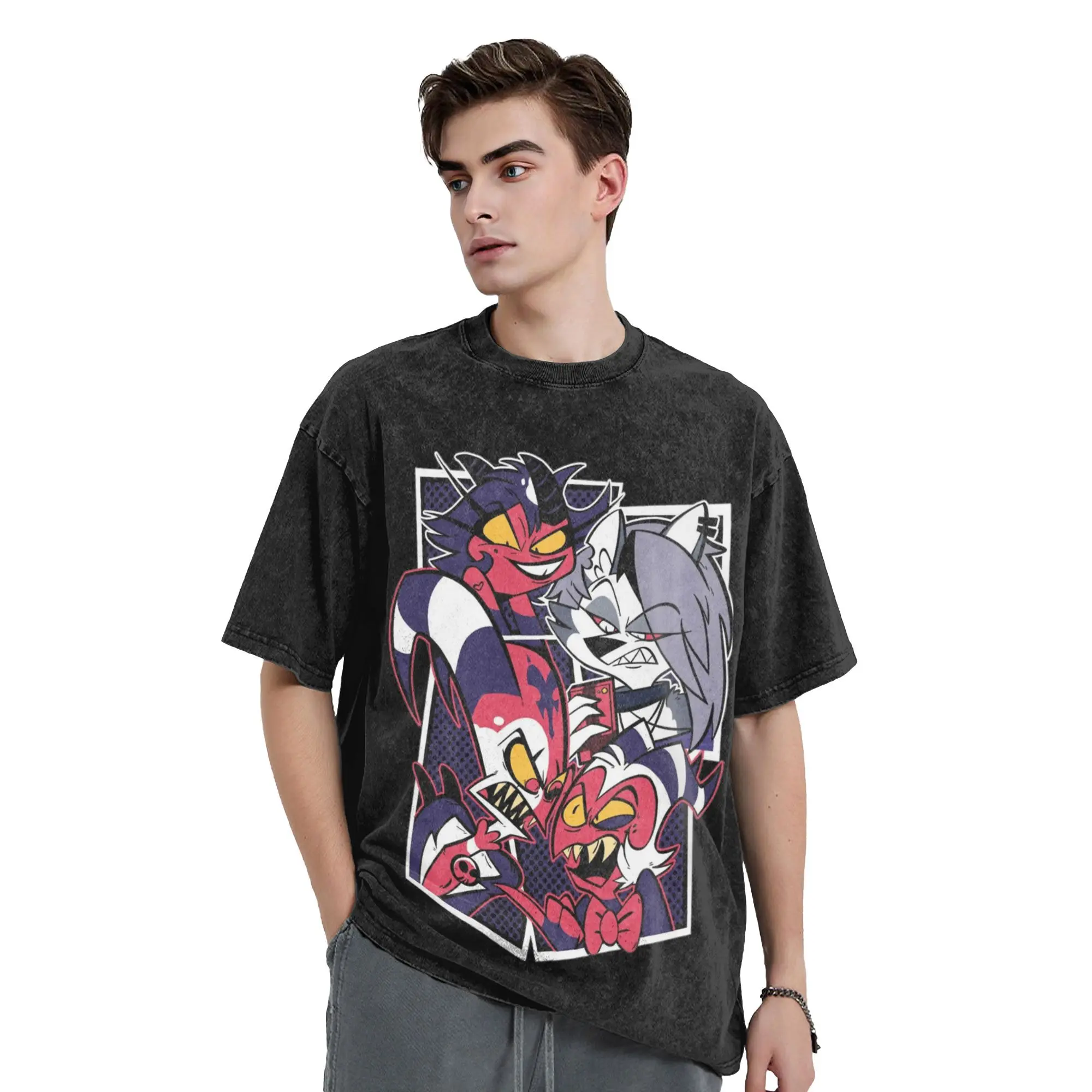 Hip Hop Washed Helluva Loona Cartoon Print T Shirt Cotton Loose T-Shirt Impish Behavior Unisex Clothing Short Sleeve Tees
