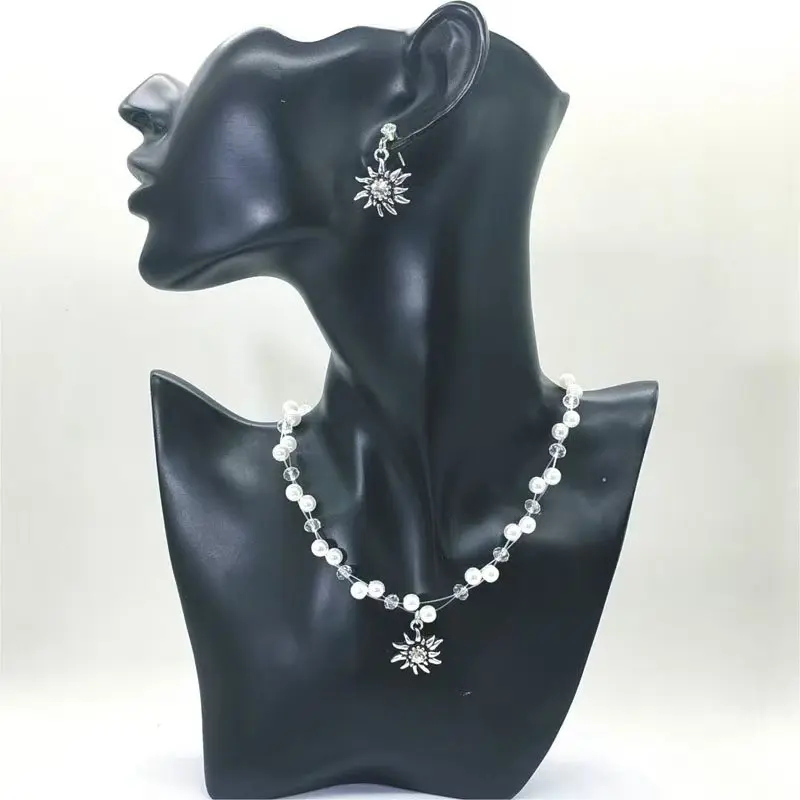 Fashion Simple Edelweiss Jewelry Set For Women Handmade Simulated Pearl Crystal Flower Necklace Earring Bracelet Combo Jewelry