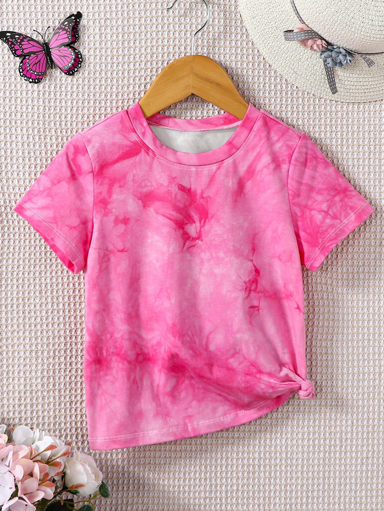 Kids Girls Pink Tie Dye Side Knot Hem Round Neck Short Sleeve T-shirt Summer Casual Daily Soft Breathable Basic Tee