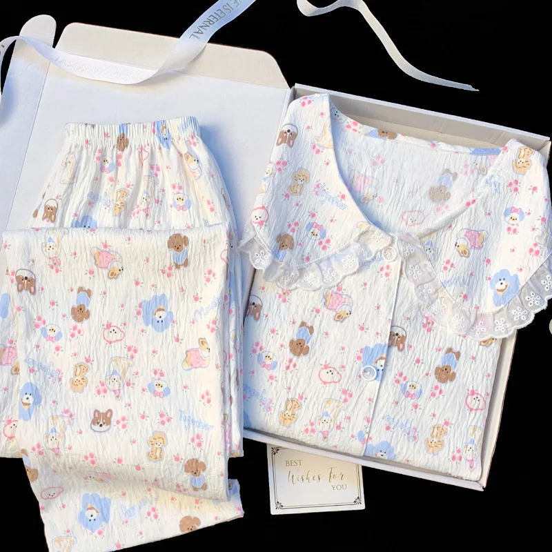 Frühling Herbst Mädchen Locker Sitzender Modischer 2-teiliger Loungewear-Set Damen Lässiges Langarm-Hosen-Set Pyjama mit Kragen und Spitze Schlafanzug
