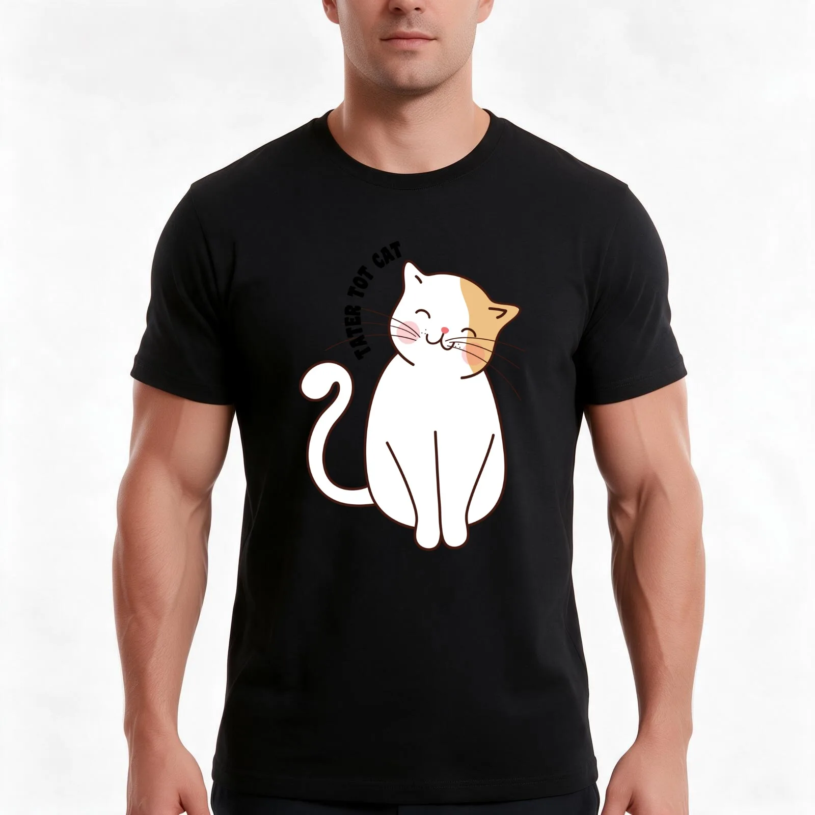 tater tot cat T-Shirt, Summer Casual Cotton Tee, Oversized Streetwear Tops, Vintage Graphic Print, Loose Fit Short Sleeve