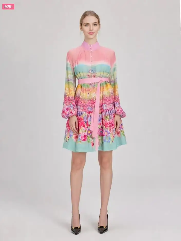 

Elegant Boho Style Flower Printed Dress Stand Collar Lantern Sleeve A-Line Mini with Sashes for Birthday Party Club