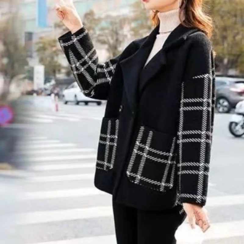 Autunno e inverno delle donne nuova moda elegante colletto del vestito Plaid tasca con bottoni Casual Versatile manica lunga sciolto cappotto di