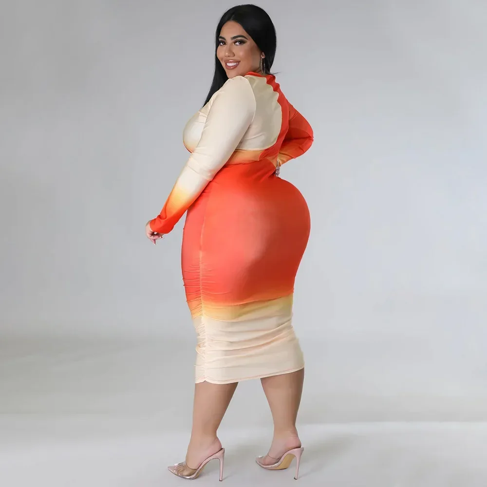 Kxu gradiente impressão elegante plus size feminino o pescoço manga longa bodycon bandage vestido 2024 primavera magro vestidos de festa