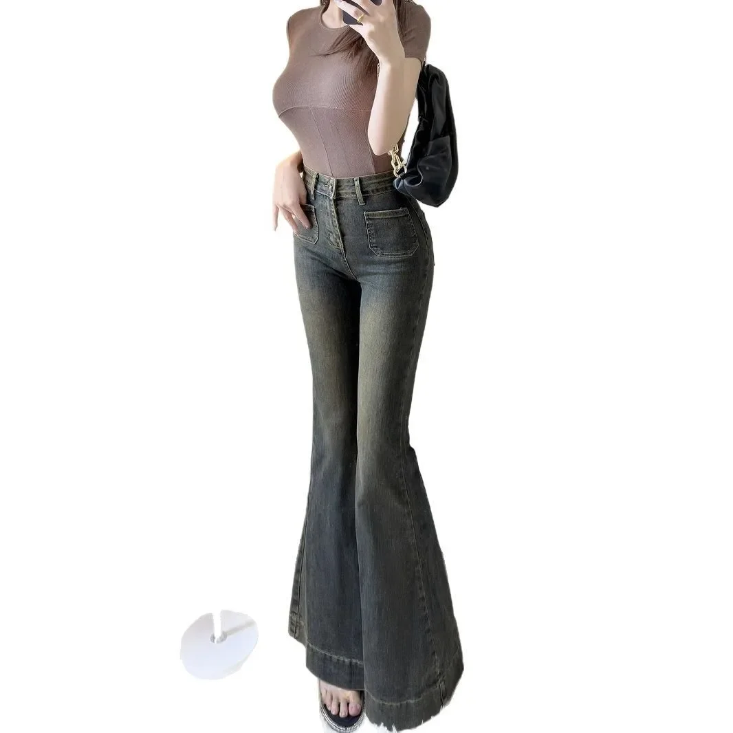 المرأة خمر عالية الخصر جرس أسفل الجينز النساء ربيع الخريف الرجعية غسلها سليم نحيل الدينيم السراويل الشارع الشهير بناطيل كاجوال