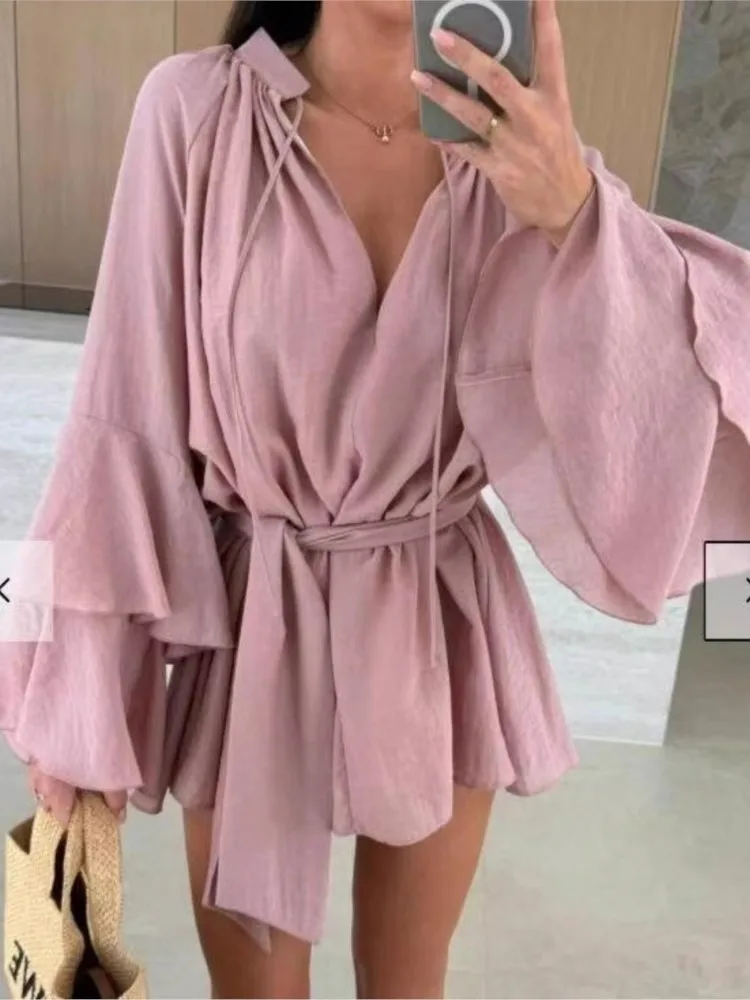 

Sweet Flared Sleeves Dresses For Women 2025 Sexy Deep V-neck Fashion Mini Dress Spring Summer Lace Up Solid Dress Robe Femme