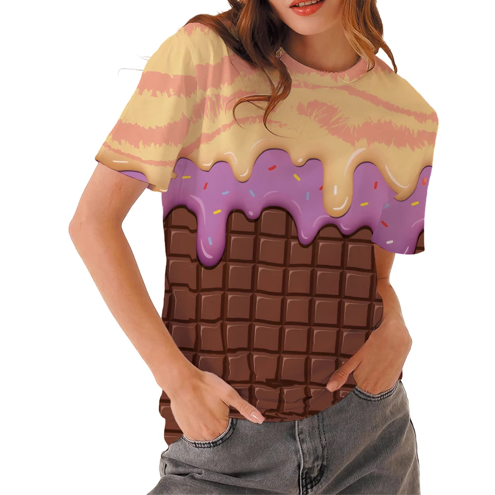 3D Digital Printing Melting Ice Cream Pattern Full Body Printed T-shirt Fashion Personality Colorful Women\'s Round Neck Tops