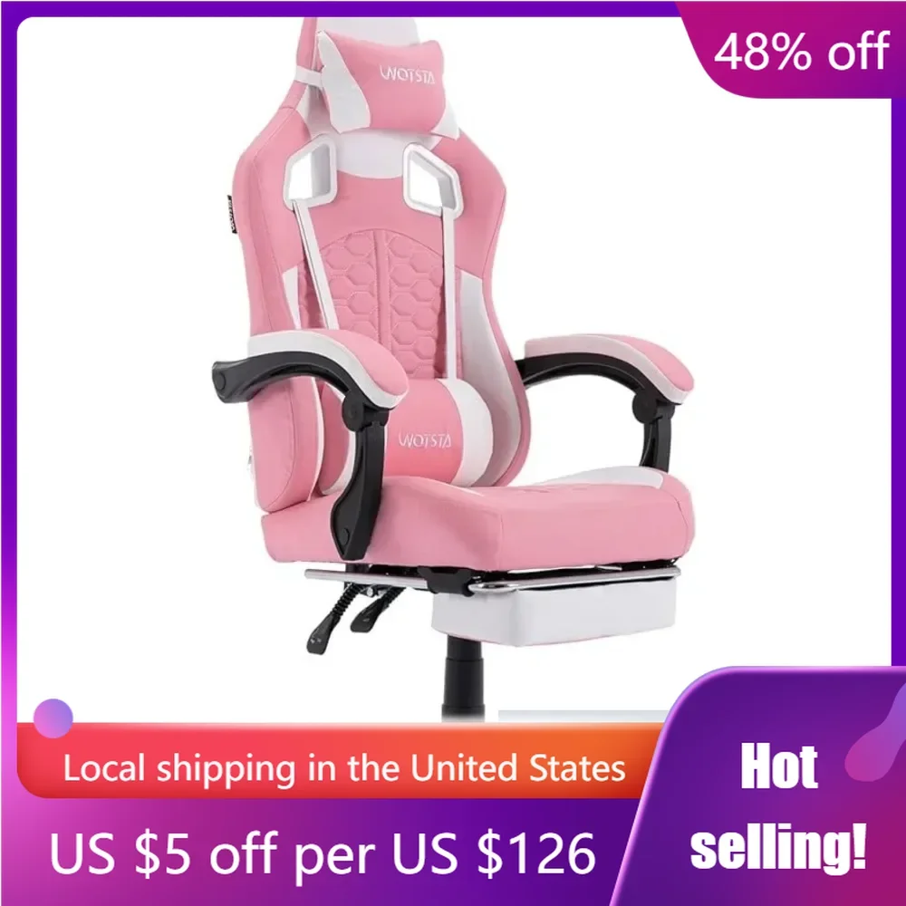 

Ergonomic PC Gaming Chair With Footrest Comfortable Headrest and Lumbar Support 300LBS (Pink) High Back Game Chair PVC Leather