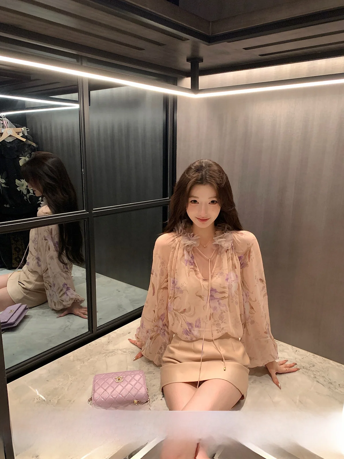 

YOLI Zhang Yuli Loose Chiffon irt Women's Autumn High-End Floral Design Slimming Top Korean Sle Long Sve V-Ne