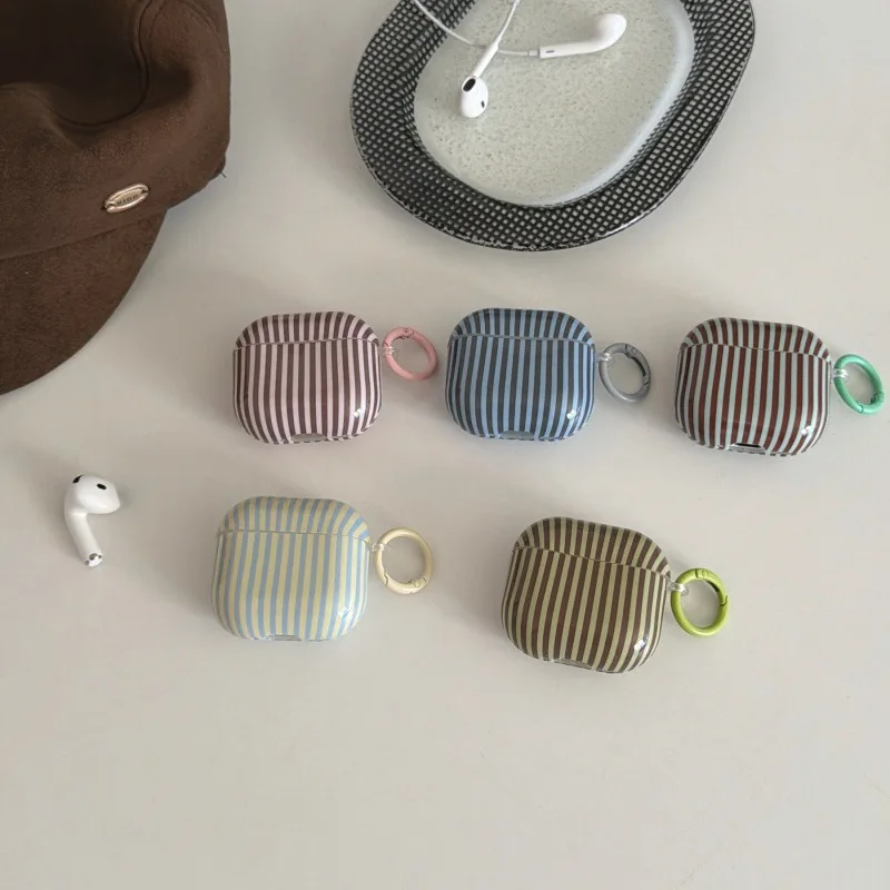 

Simple Fashion Five-Color Pink Orange Green Yellow Stripe Lines Pattern Protective Earphone Case for AirPods 1 2 3 4 Pro 2 Pro 3