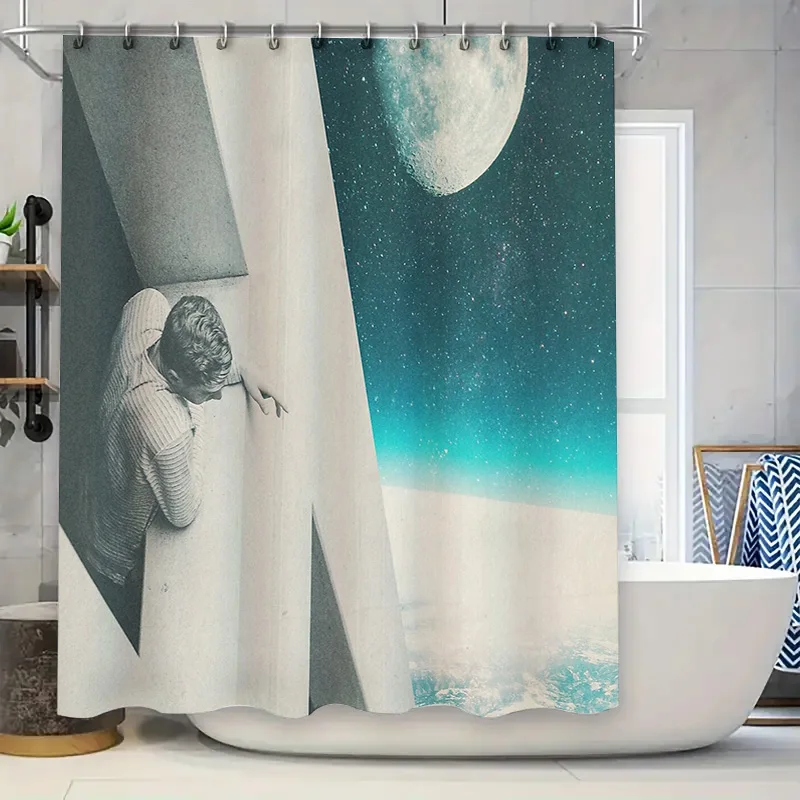 Black and White Man Sketching Nature Abstract Art Shower Curtain Set Waterproof Bathroom Decor Vintage Landscape Scenic Backdrop