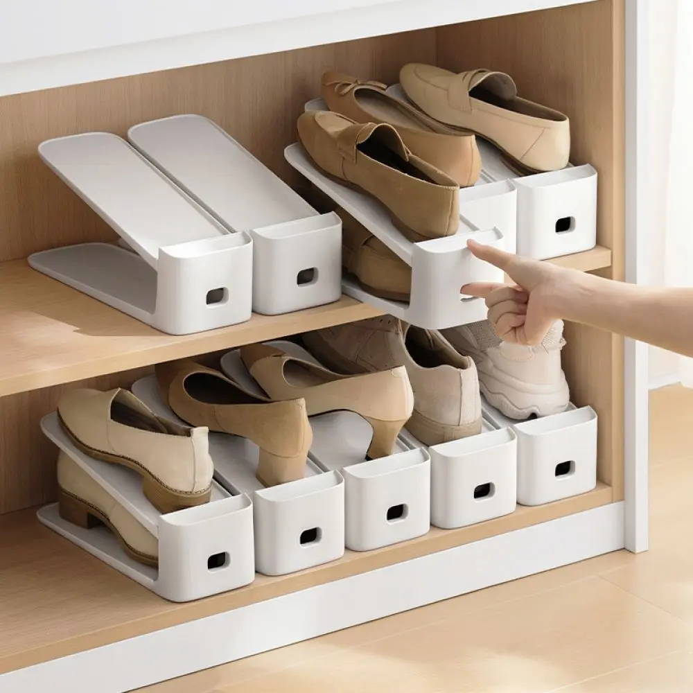 Double Layer Shoe Organizer Stand Adjustable Height Space Saving Storage Shelf For Wardrobe Entryway Shoe Cabinet