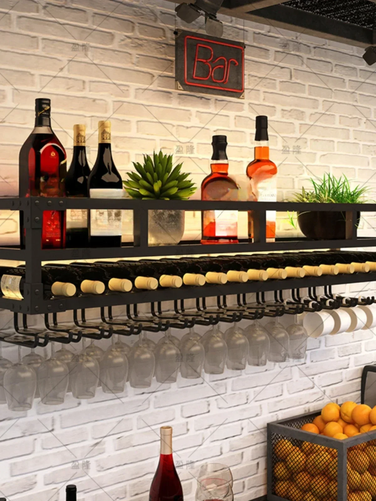 Simple wall, wine shelf, bar counter, wrought iron, red wine glass, glass holder upside down, hanging wine cabinet shelf