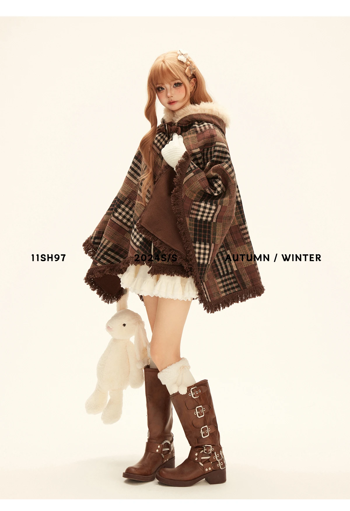 Japanischen Stil Süße Retro Braun Plaid Mantel Jacke Plüsch Mit Kapuze Quaste Lose Vielseitig Ärmellose Schal Capes Top Frauen Winter