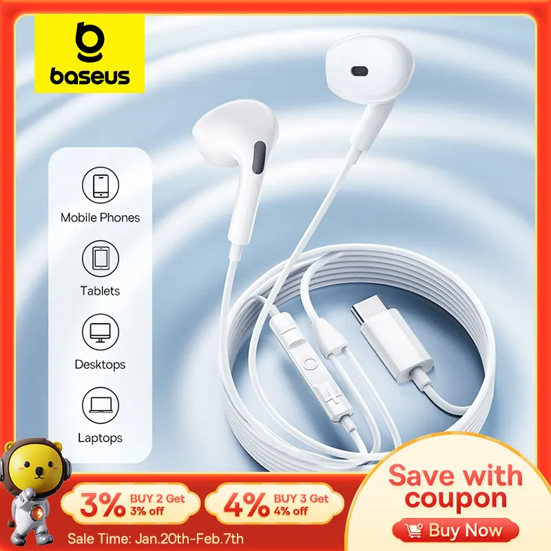 Baseus in-ear Wired Earphone CZ19 Type-C With Mic Wired Headphones For IOS Mac Xiaomi Samsung HUAWEI Computer Cellphone Headsets