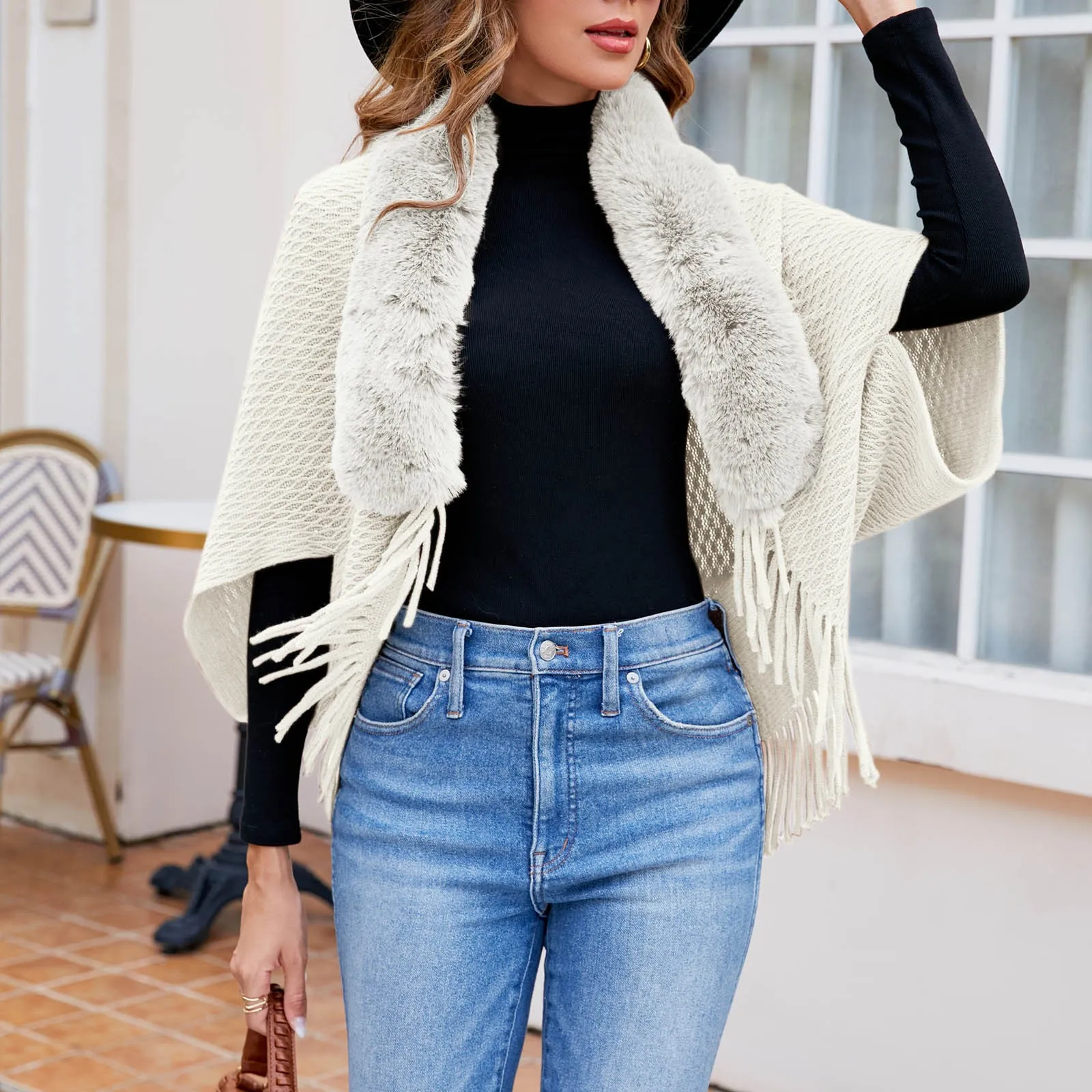 Women Winter Imitation-cashmere Shawl Scarf Lady Elegant Faux Fur Collar Capes Tassel Wraps Warm Cloak Temperament Poncho Tops