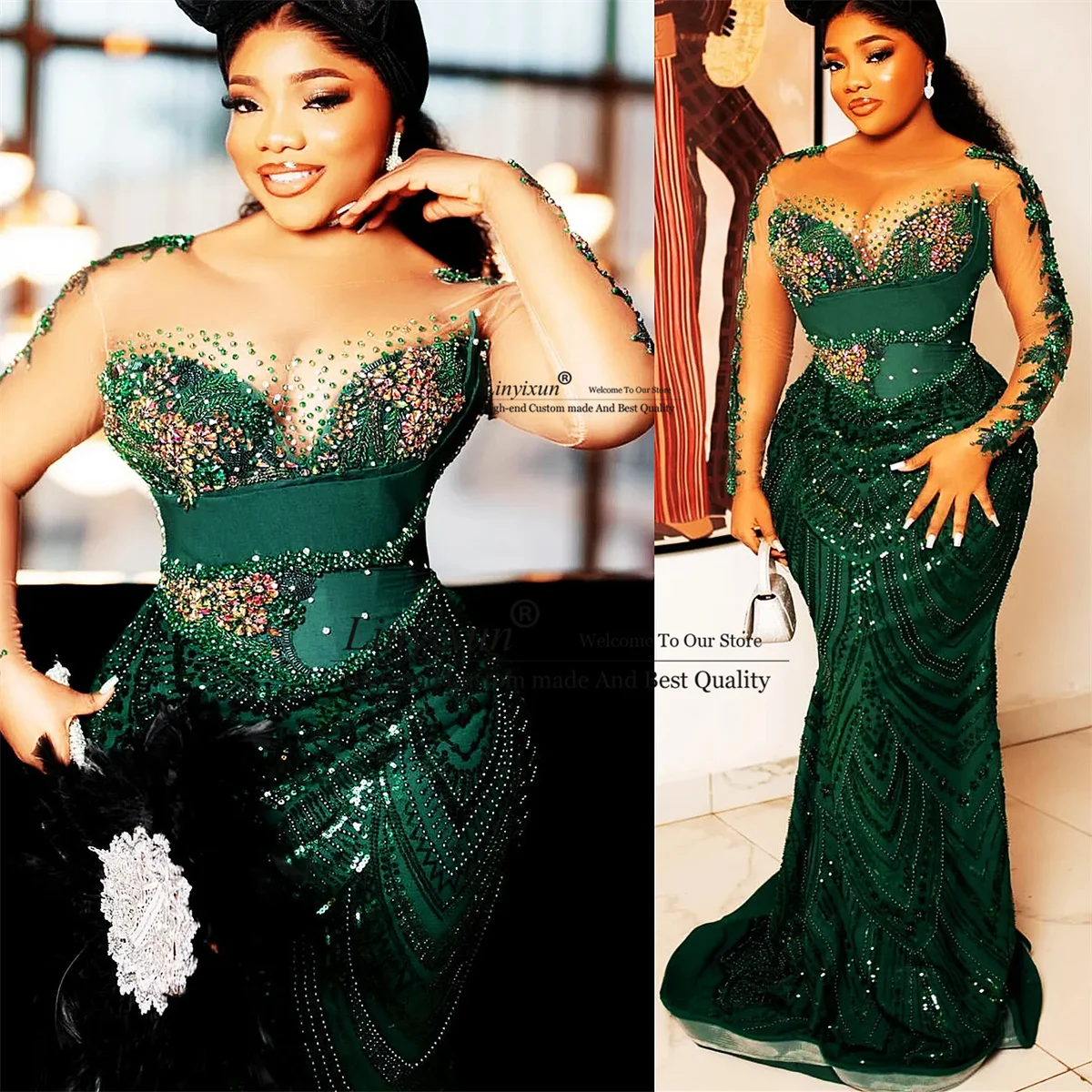 Aso Ebi Mermaid Prom Dress Beaded Crystals Formal Evening Party Gala Gowns Sexy See Throuh Green Birthday Long Robe De Soiree