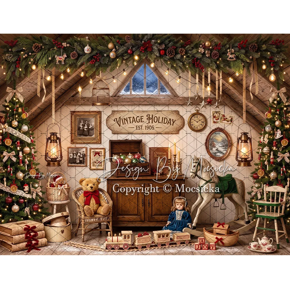 Mocsicka Backdrop Photography Christmas Cottage Toy Bear Room Garland Background Winter Newborn Birthday Holiday Studio Photo