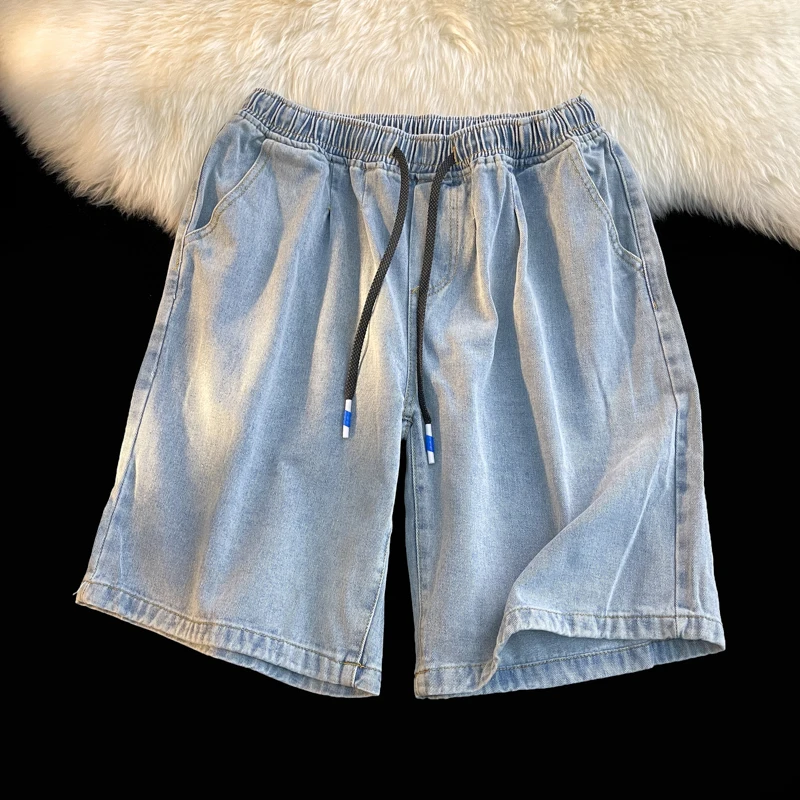 Celana Pendek Denim Biru Musim Panas Pria Celana Longgar Kasual Saku Solid High Street Amerika Baru Celana Panjang Serut Serbaguna Mode